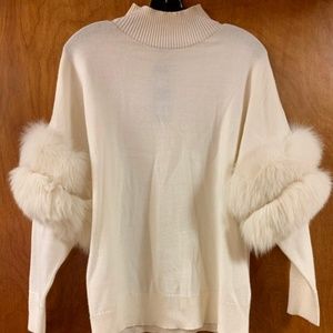 Kobi Halperin Cream Turtleneck Sweater with Fur Trim